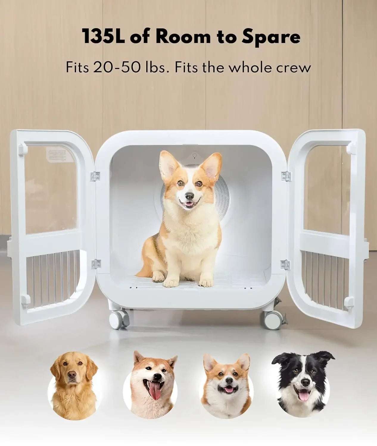 135L Ultra-Quiet Pet Dryer Box, Smart Temp Control, 360° Hands-Free Safe Drying for Dogs, Cats & Multi-Pet, Custom