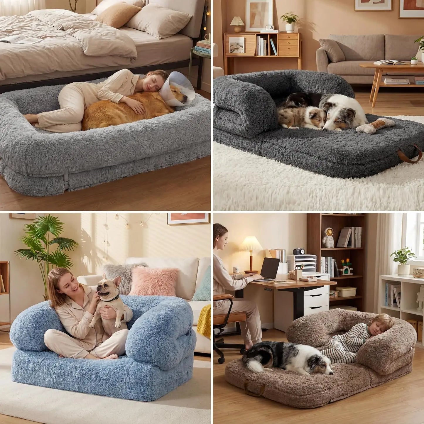 Foldable Human Dog Bed - 3-in-1 Orthopedic Giant Bean Bed with Waterproof Liner, Calming Faux Fur for Adults and Pets