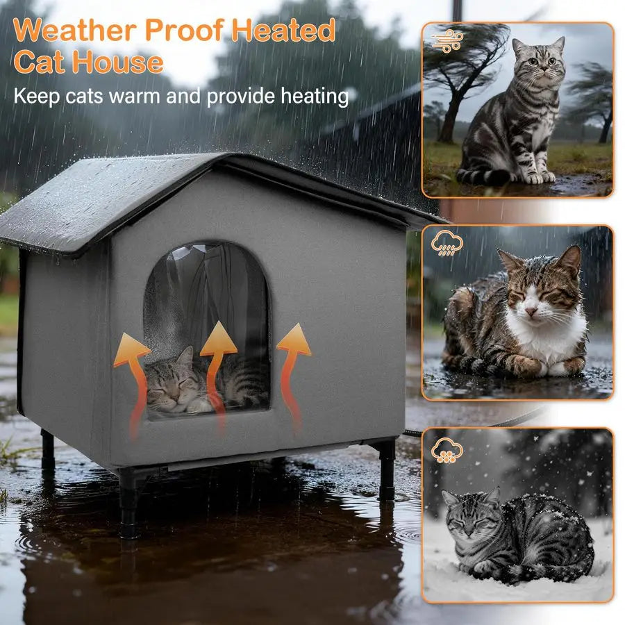 Heated Outdoor Cat House with Heating Pad Bed, Insulated Cat House. Elevated Outdoor Feral Cat Shelter with Soft Mat.
