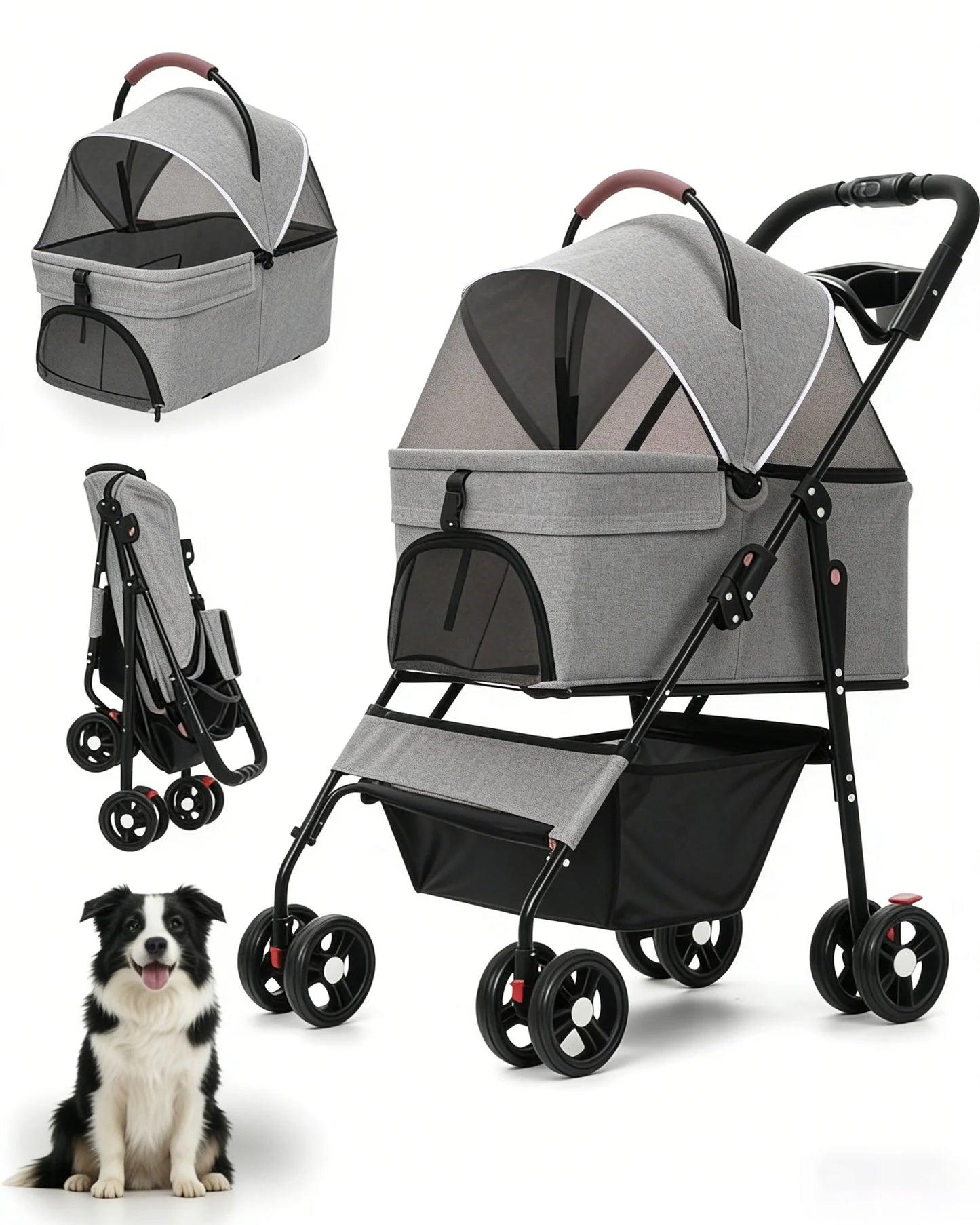 2-in-1 Pet Stroller for Small Dogs Cats Foldable Lightweight 4 Wheel Dog Stroller with Removable Carrier Travel Portable Pet Cart
