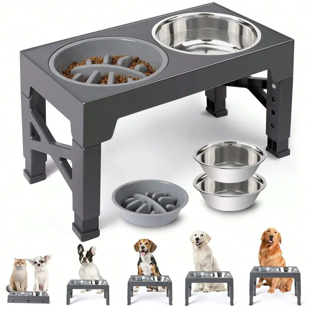 Dog Bowl Dog Supplies Dog Bowls, 5 Adjustable Heights Raised Dog Bowl Stand,  2 Stainless Steel Dog Food Bowls