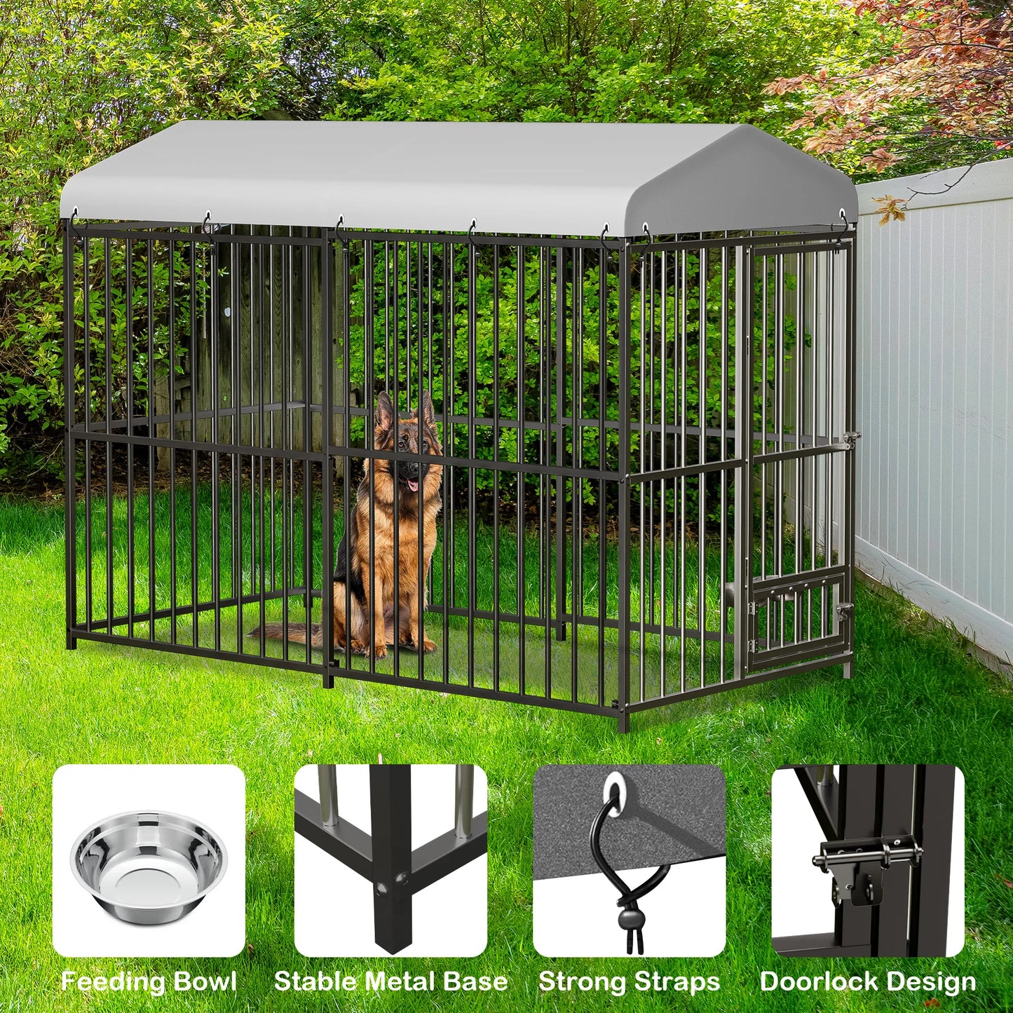 Heavy Duty Outdoor Dog Kennel with Roof,  Large 8x4x6FT Galvanized Metal Dog House with Secure Lock,  UV Water-Resistant Black Cover