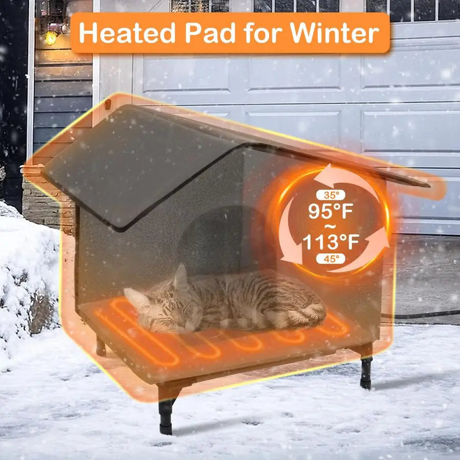 Heated Outdoor Cat House with Heating Pad Bed, Insulated Cat House. Elevated Outdoor Feral Cat Shelter with Soft Mat.