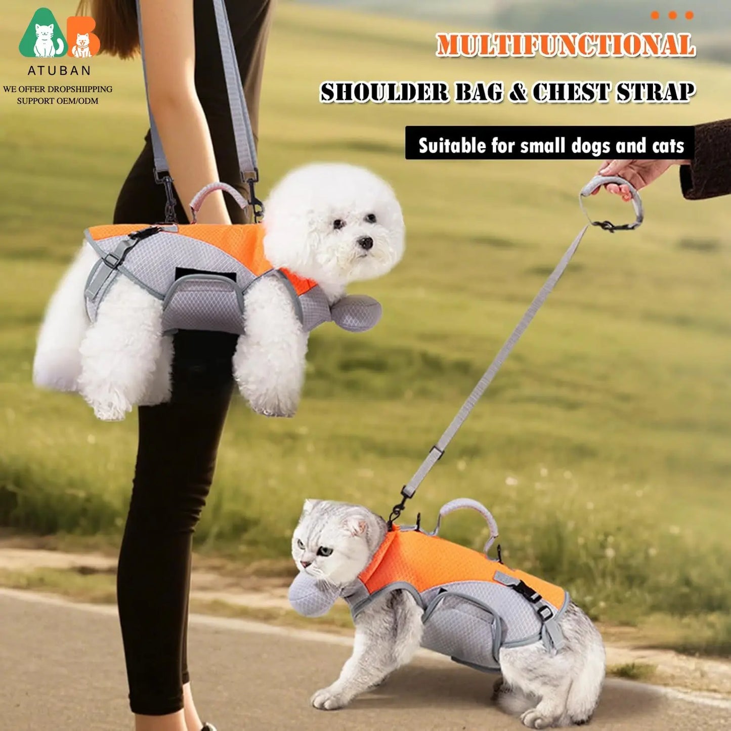 ATUBAN 2 in 1 Cat Shoulder Carrier, Outdoor Small Dog Carrier, Harness and Leash. Sling Carrier Bag for Cats, Breathable Pet Travel Carrier