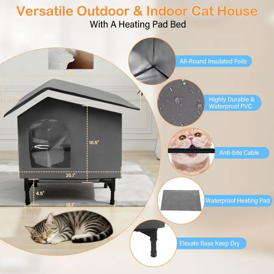 Heated Outdoor Cat House with Heating Pad Bed, Insulated Cat House. Elevated Outdoor Feral Cat Shelter with Soft Mat.