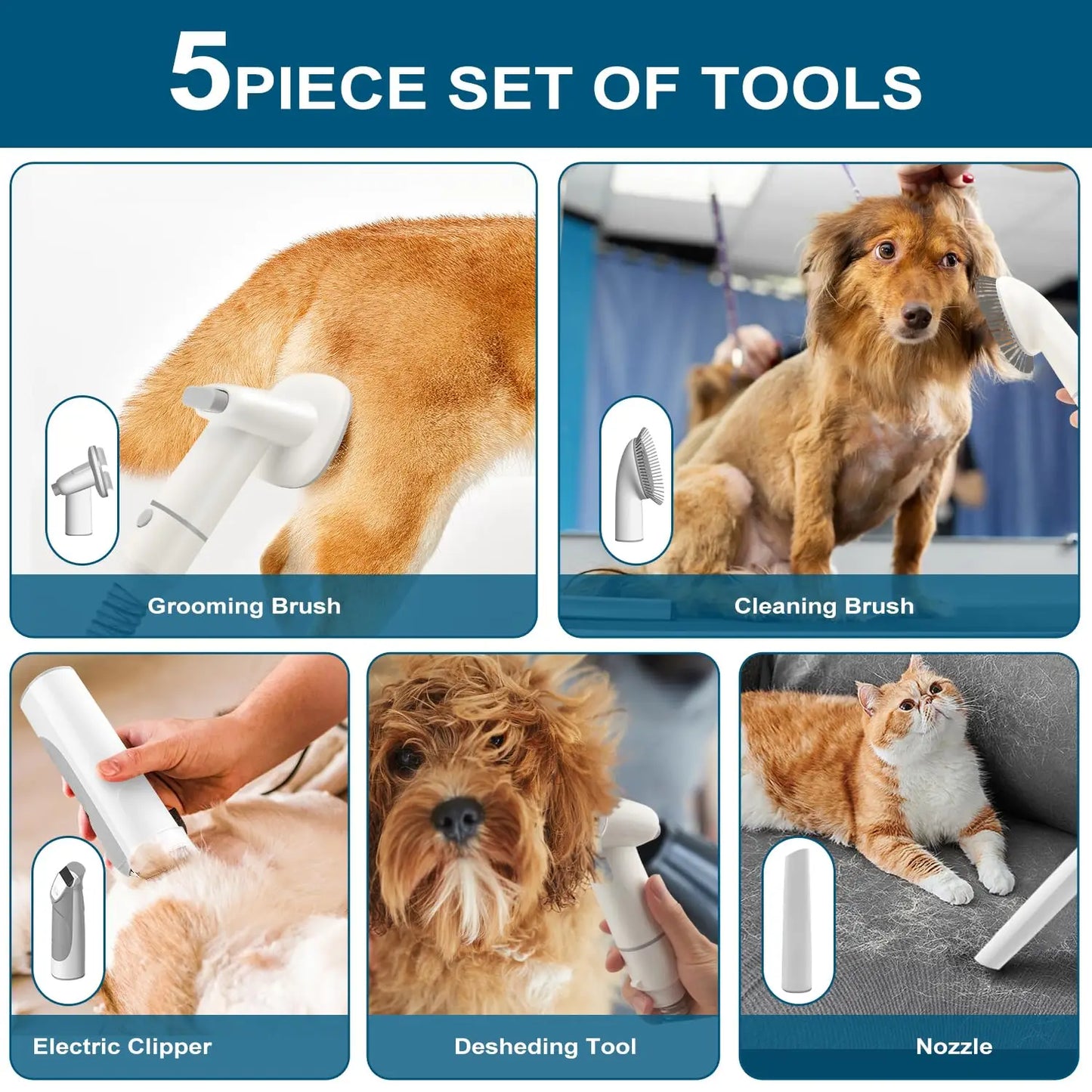 Dog Grooming Kit for Pet Include 4 Hair Clipper Combs 2.5L Vacuum Cleaner and 5 Pet Grooming Tools for Shedding,, Customized