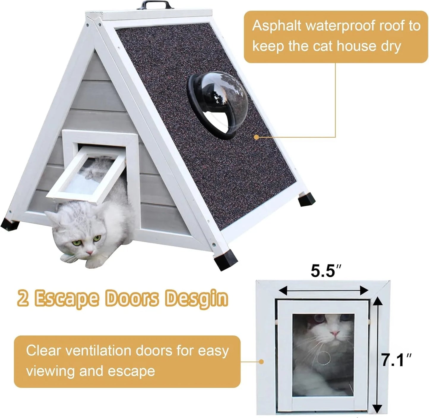 Waterproof Outdoor Cat House for Large Cats, Weather Resistant Wooden Shelter with Escape Door
