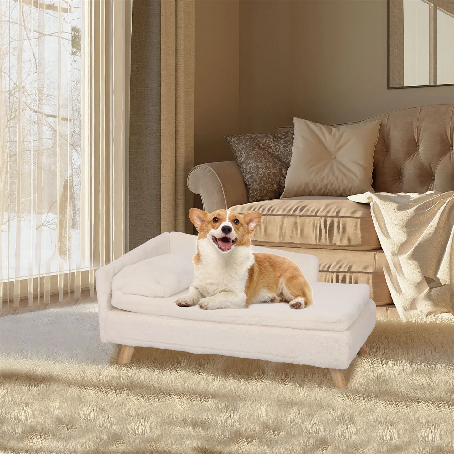 Elevated Pet Bed, Nordic Pet Stool Bed with Cozy Pad Waterproof, Pet Sofa Bed with Sturdy Wood Legs for Small Dog or Cat
