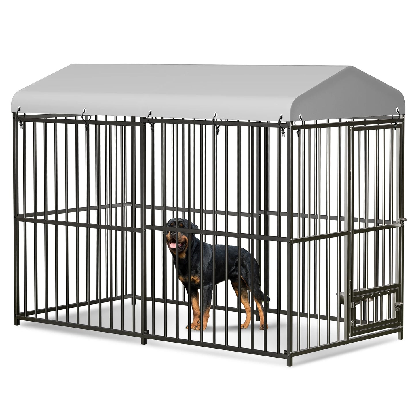 Heavy Duty Outdoor Dog Kennel with Roof,  Large 8x4x6FT Galvanized Metal Dog House with Secure Lock,  UV Water-Resistant Black Cover