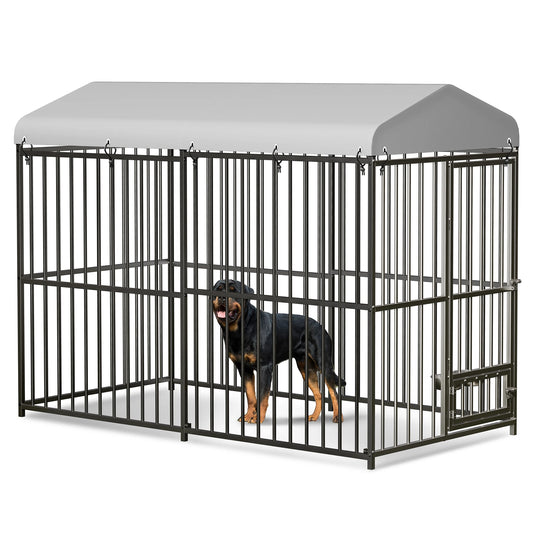 Heavy Duty Outdoor Dog Kennel with Roof,  Large 8x4x6FT Galvanized Metal Dog House with Secure Lock,  UV Water-Resistant Black Cover