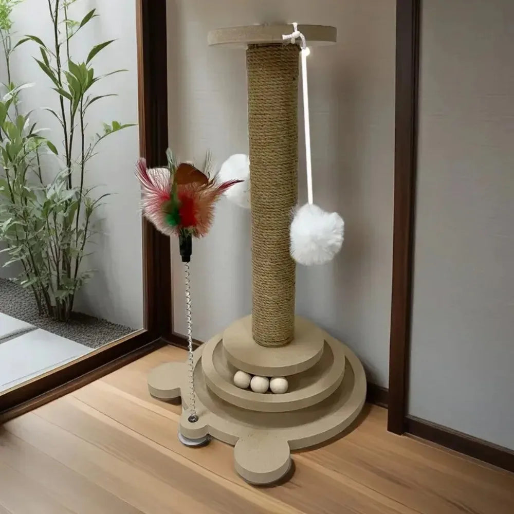 Cat Scratching Post with Teaser Wand, Wear-Resistant Sisal Scratcher Turntable, Pest-Resistant Climbing Frame Toy for Cats