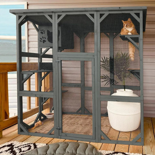 Cat Enclosure Large Outdoor Catio Wooden Cat House with Weatherproof Cat Cage Condo Indoor Playpen with Platform and Small House