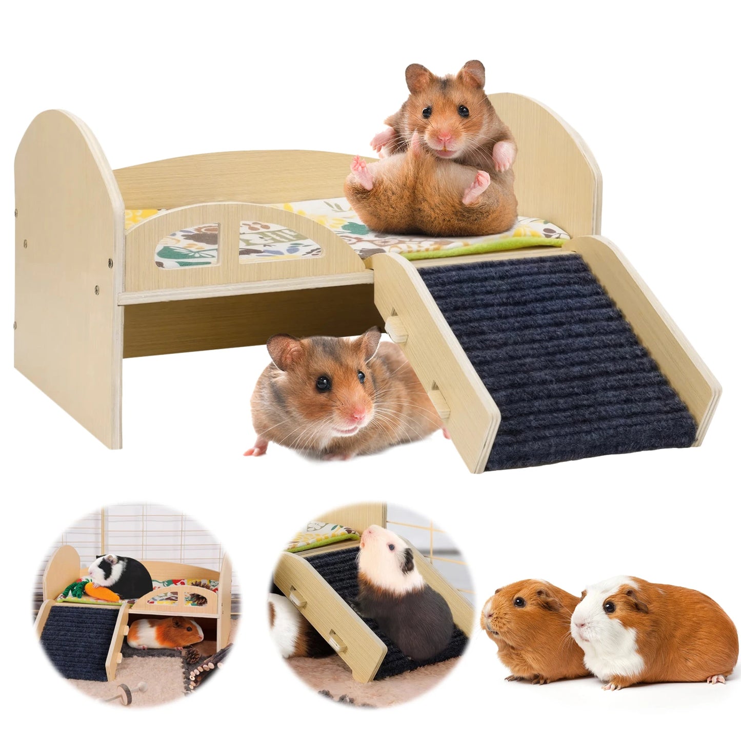Guinea Pig Bed with Stable Stairs & Mat.  Wood Pet Toy Bed, Washable with Multi-Level Castle for Guinea Pigs, Hamsters, Bunnies & Chinchillas