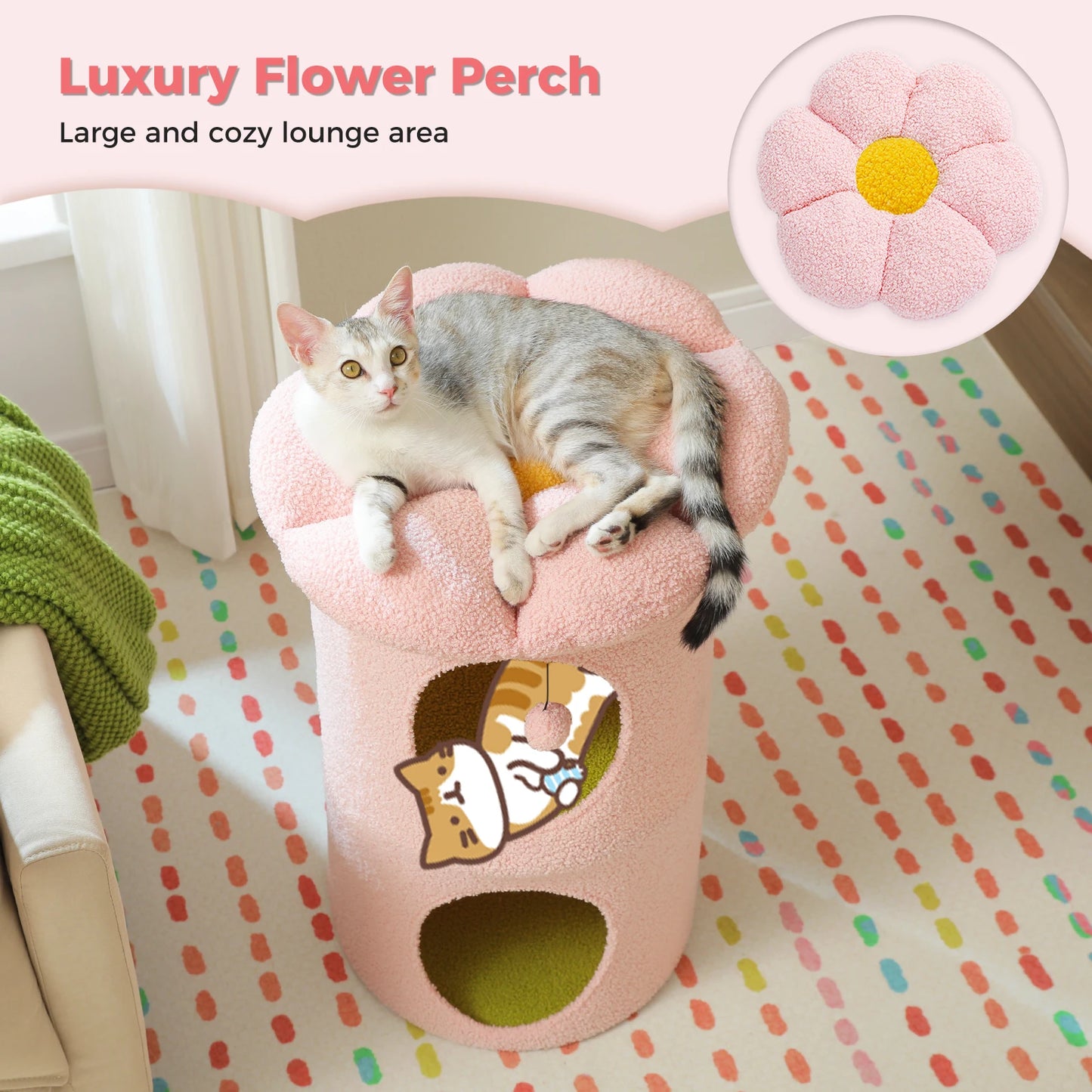 2-Storey Cat Beds for Indoor Cats, Large Cat House with Removable Flower Cat Bed, Cute Cat Cave, Cat Hideaway & Indoor Cat  Condo
