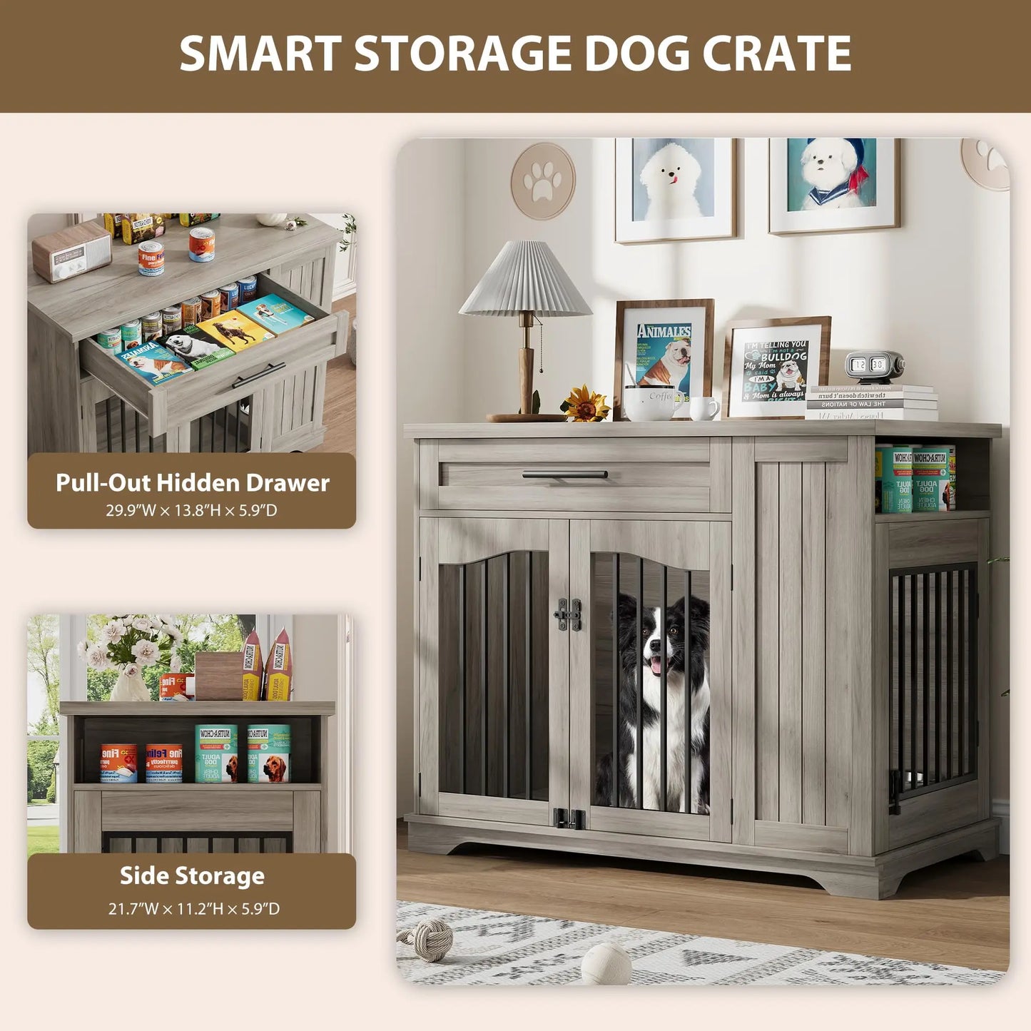 44 Inch Furniture Style Dog Crate, Heavy Duty Wooden Dog Kennel With Drawer Side Storage & Built-in Feeding Station For Pets
