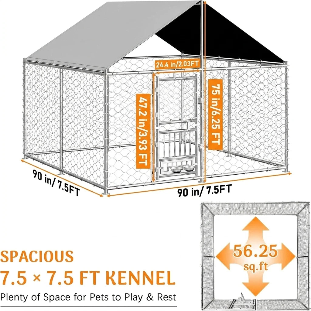 Dual-Opening Door Designed Heavy Duty Large Outdoor Dog Kennel with 200D Waterproof UV-Resistant Roof and 360° Rotate Dog Bowls