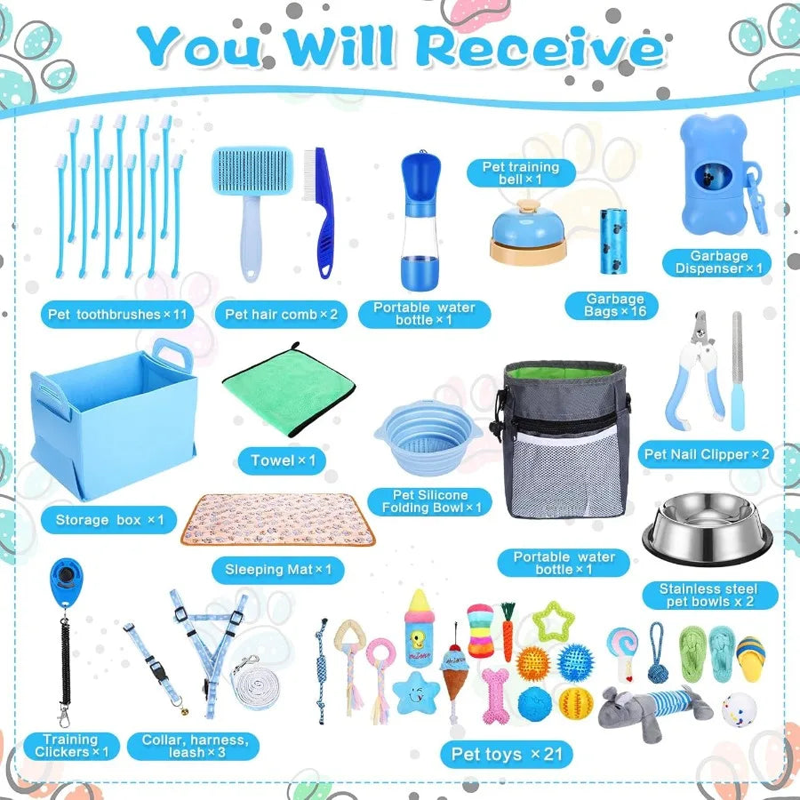 65 Pcs Puppy Supplies Starter Kit Small Dog Essentials Includes Dog Leash Toys Bowl Brushes Water Bottles Pet Blankets Puppy