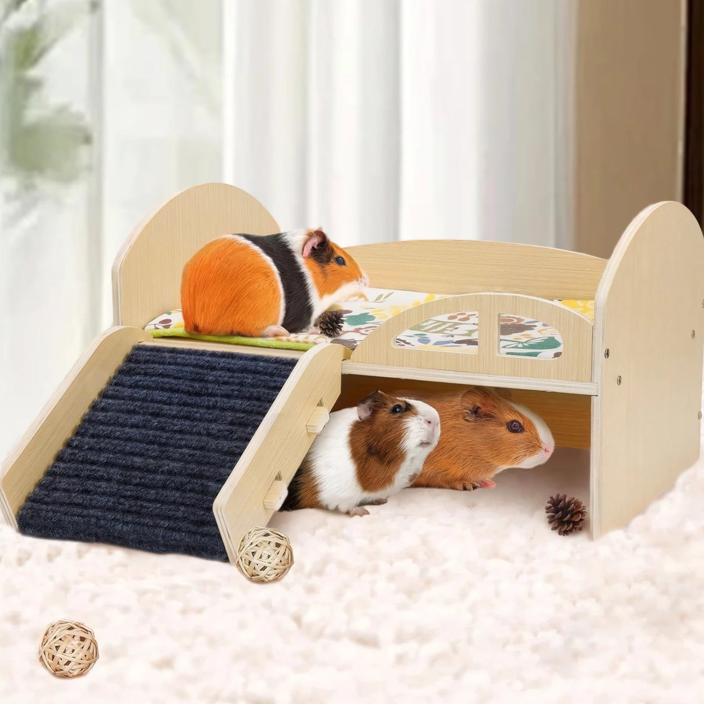 Wooden Small Animal Bed with Stable Stairs & Mat, Guinea Hideout with Washable Multi-Level Guinea Pig Platform