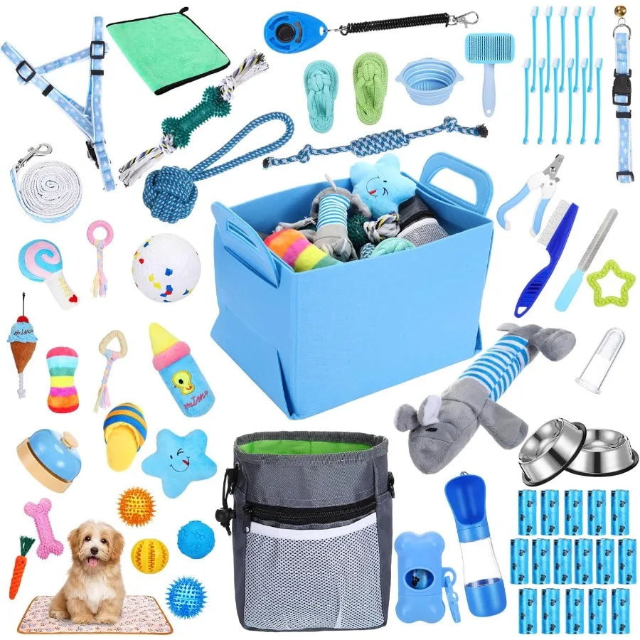 65 Pcs Puppy Supplies Starter Kit Small Dog Essentials Includes Dog Leash Toys Bowl Brushes Water Bottles Pet Blankets Puppy