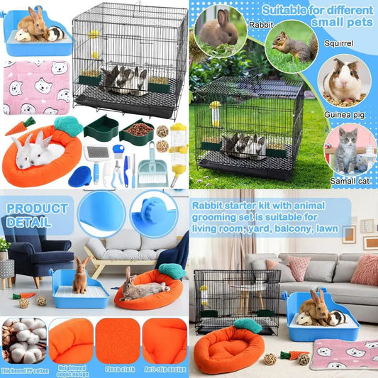 22 Pcs Rabbit Starter Kit with Cage, has Rabbit Grooming Kit, Bunny Cage Set with Bed, Litter Box, Water Bottle, Feeders, Toys