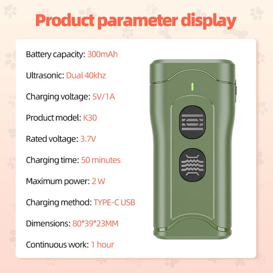 Mini Dual-Head Ultrasonic Dog Deterrent K30, 20-30kHz Sweep/Constant Frequency, Strobe Light, 300mAh, Type-C