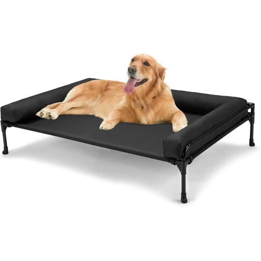 Elevated Raised Dog Bed - Cooling Outdoor Cot Bed for Large Dogs with Mesh & No-Slip, Removable Bolster, 41 x 27 Black