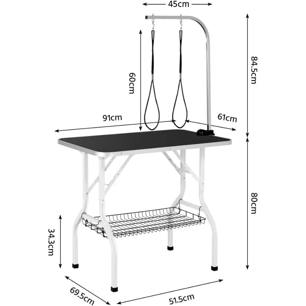 36'' Dog Grooming Table, Pet Foldable Grooming Table w/Double Loops/Mesh Tray/Adjustable Arm, Black